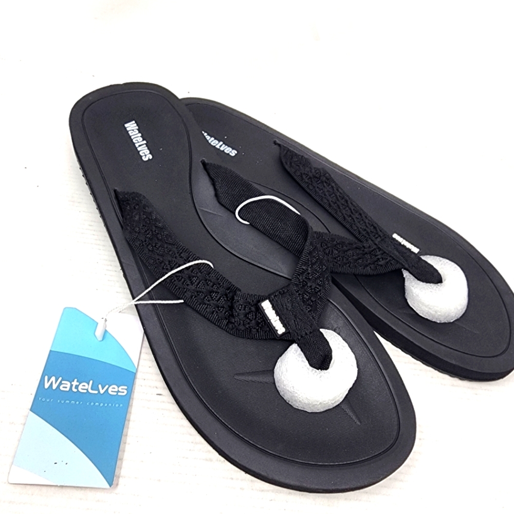 New WateLves Mens Bkack Flip Flops Sandals Memory Foam Non Slip Size 9‎